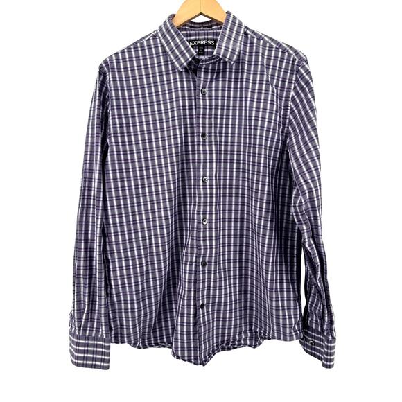 Express Modern Fit Long Sleeve Button Purple Checkered Cotton Shirt – Mens Large - Picture 1 of 5